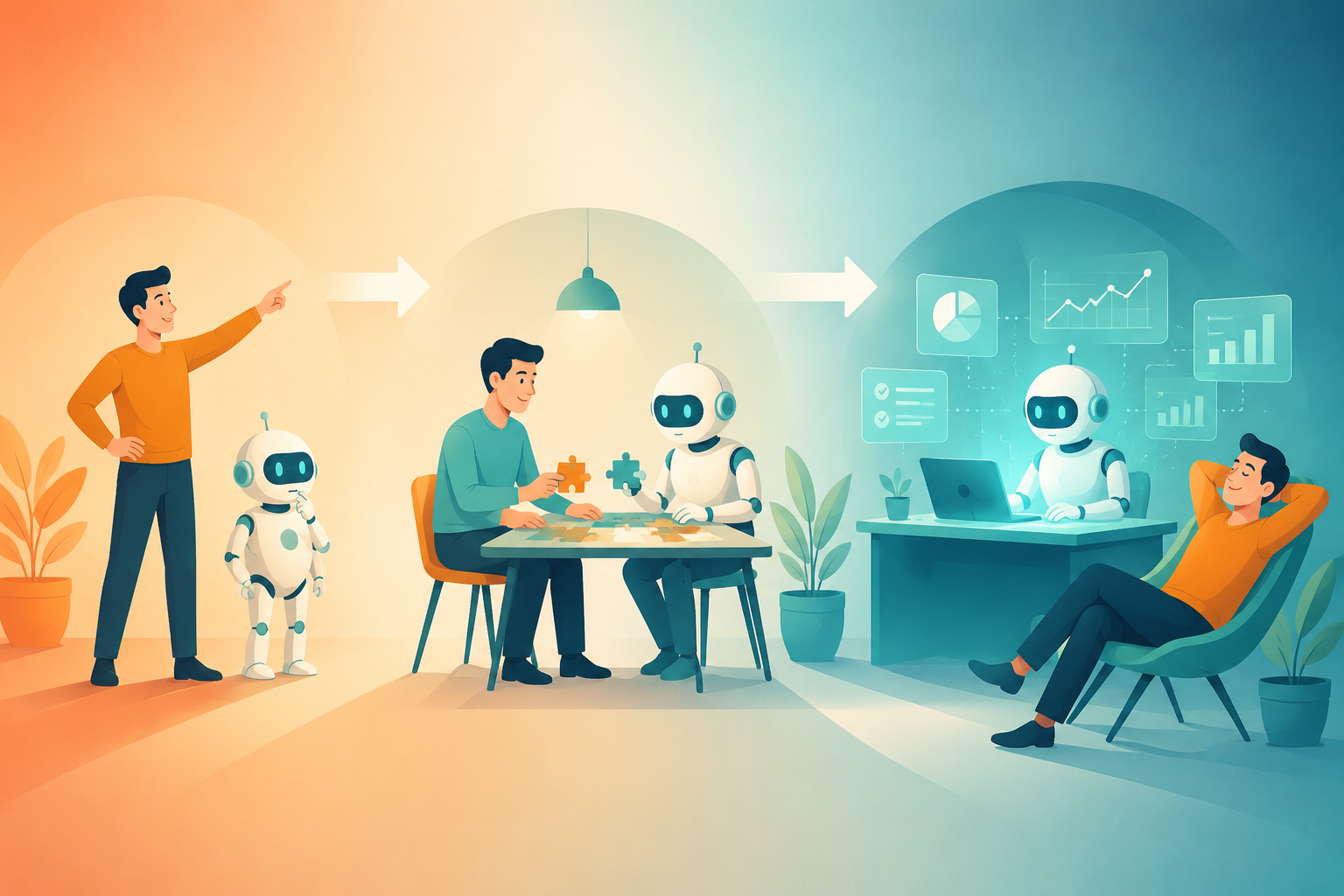 从「人主导·对话」到「AI 主导·全自动」的三层光谱：越往右人越轻松、AI 越忙