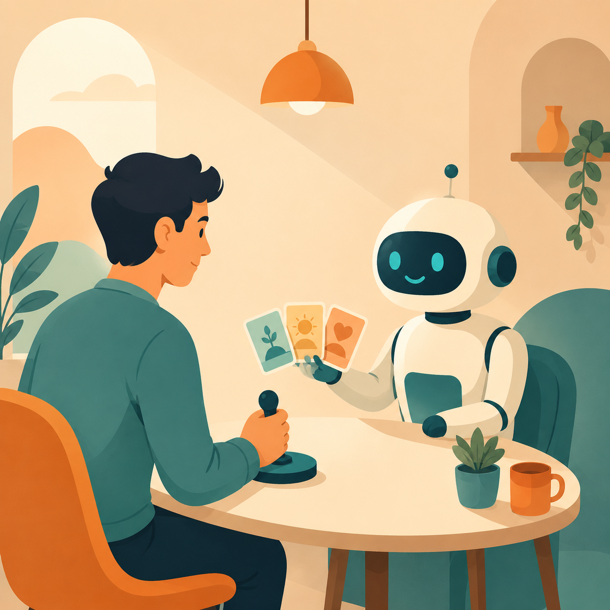 一个人和 AI 隔桌而坐，AI 递上建议卡片，人手握最终决定的印章